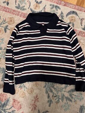 Striped Polo Collar Sweater - Navy, White & Maroon